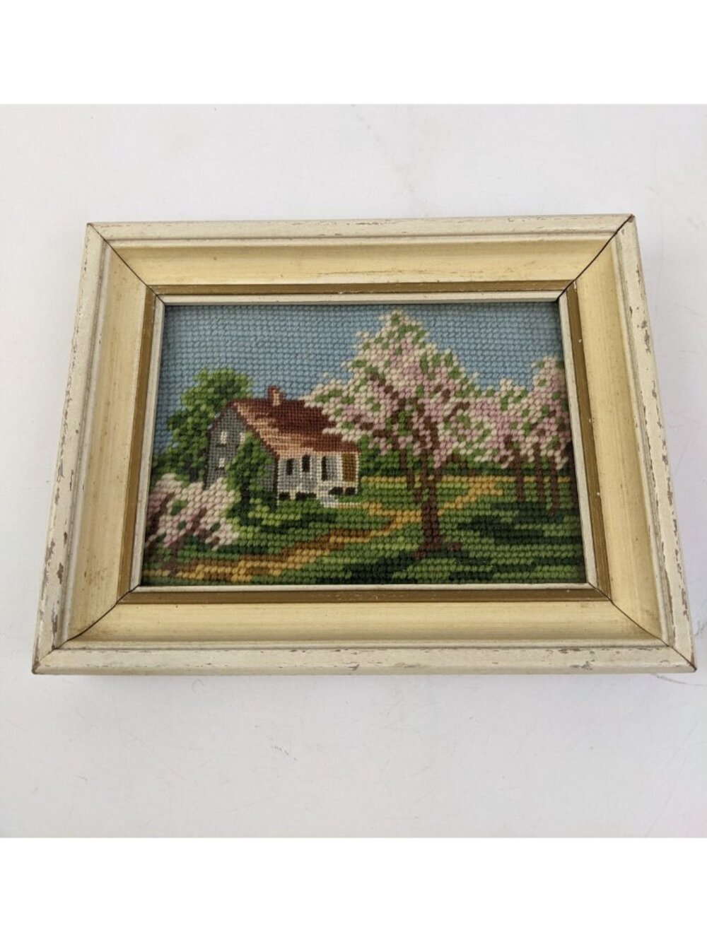 Vintage Framed Needlepoint Farmhouse Country Scene Cottagecore Countryside Decor